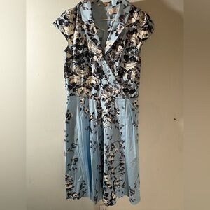 Lela Rose Powder Blue Floral Wrap-Style Midi Dress